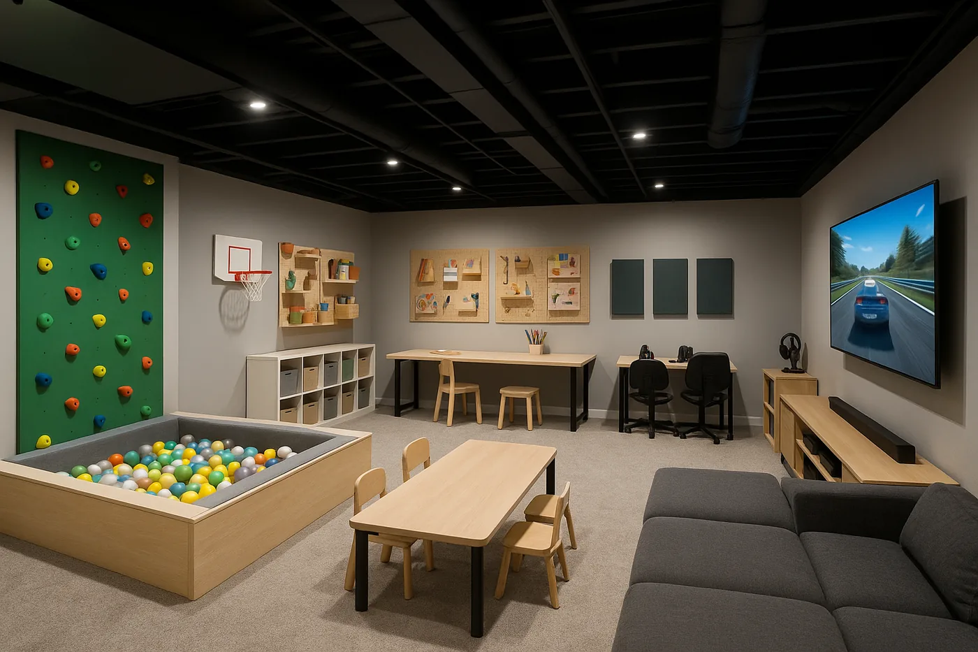 Rendering of a finished basement with a play area, craft tables, media wall and sectional