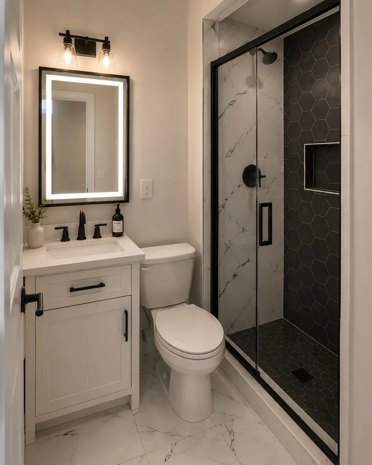 Rendering of a bathroom with a black hex tile shower and lit mirror