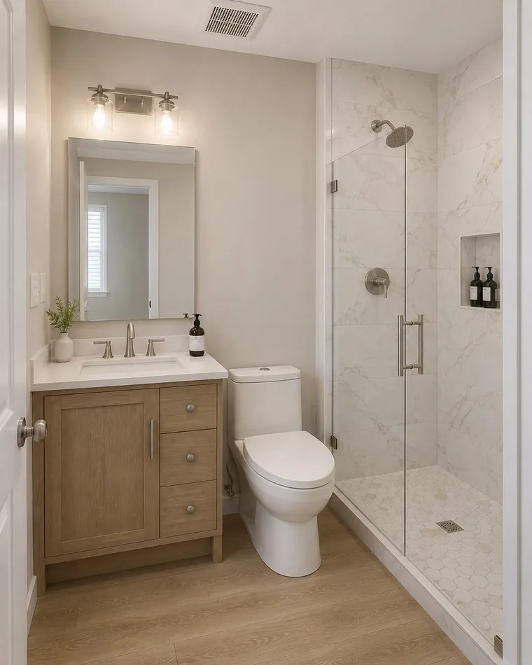 Rendering of a bathroom with a glass shower and oak vanity