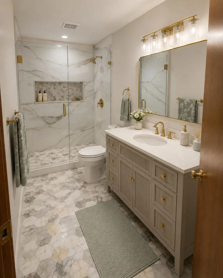 Rendering of a bathroom with a marble walk-in shower and brass fixtures