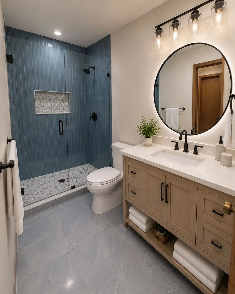 Rendering of a bathroom with a blue tile shower and wood vanity
