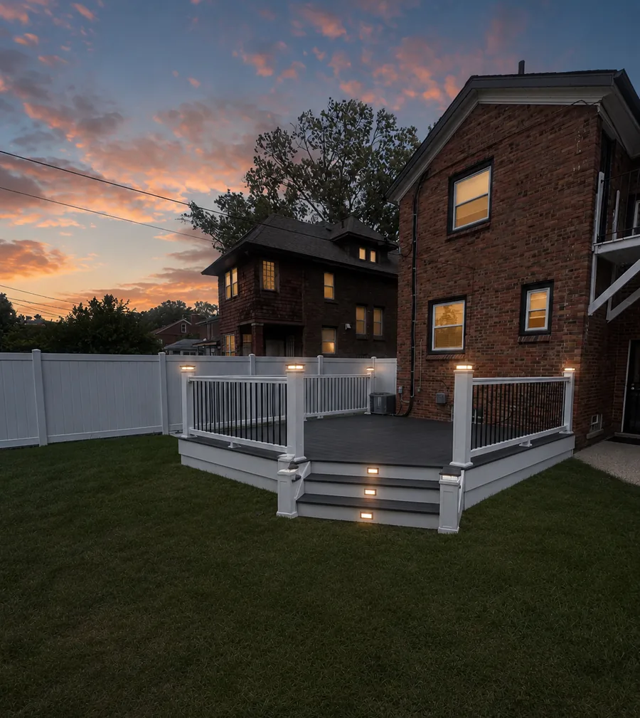 Rendering of a new composite deck with lit stairs and white railing at dusk