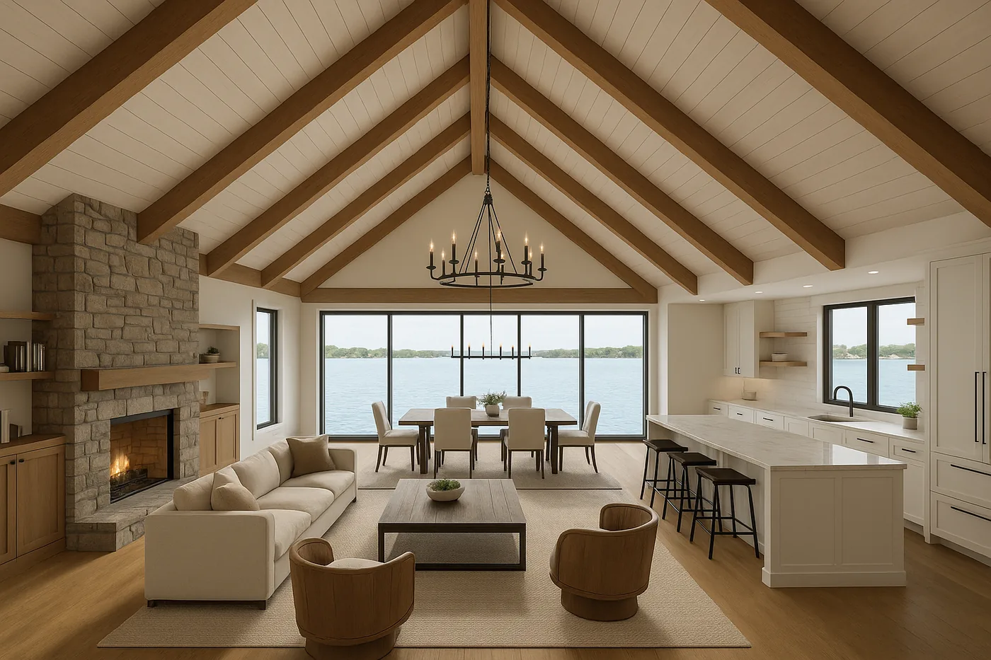 Rendering of a vaulted great room with exposed beams, stone fireplace, open kitchen and lake view