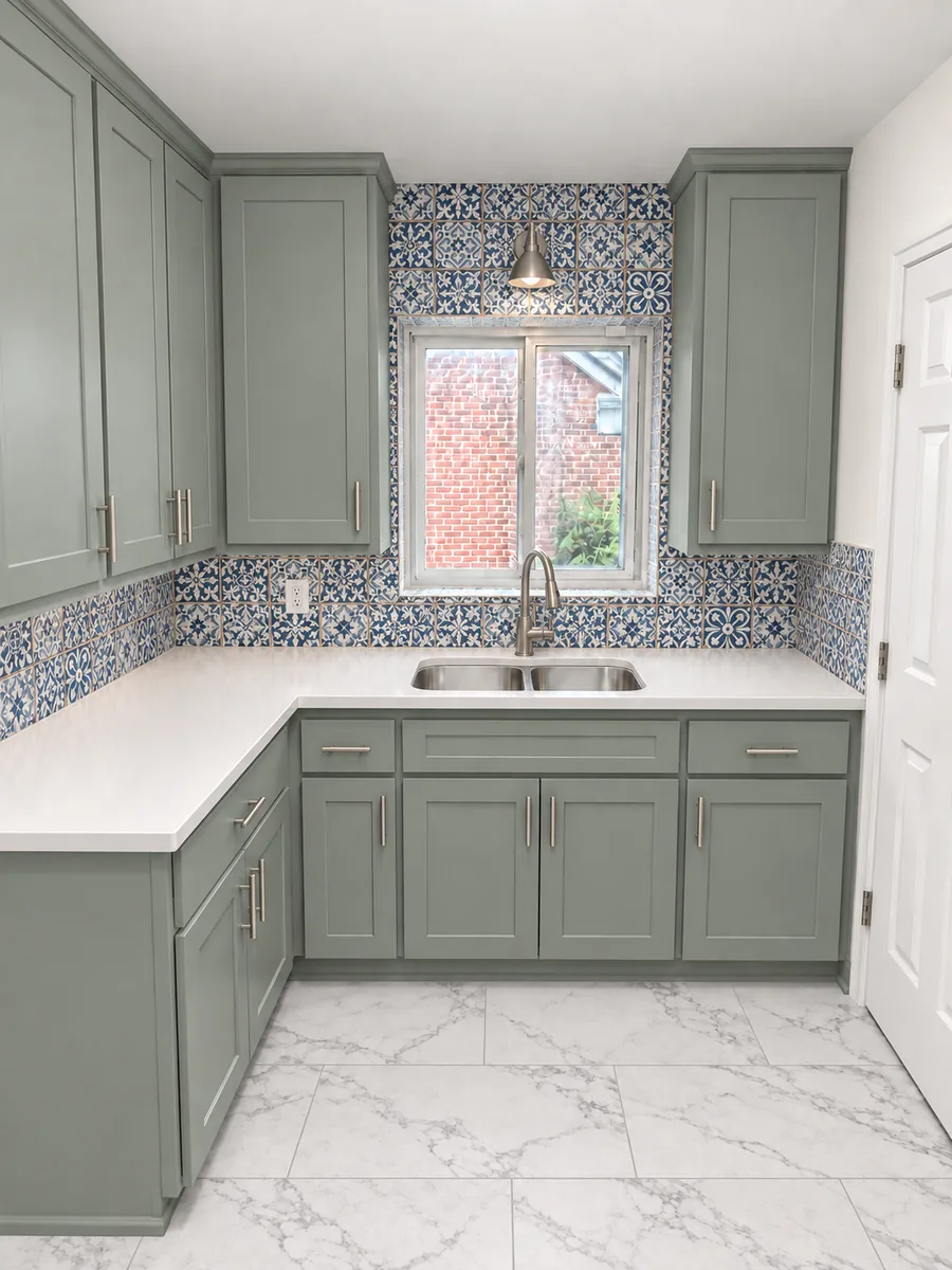 Rendering of a kitchen with sage green shaker cabinets, white quartz counters and blue patterned tile